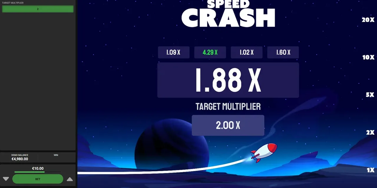 Cohete de Speed Crash despegando con el multiplicador en 1.88x rumbo al objetivo.