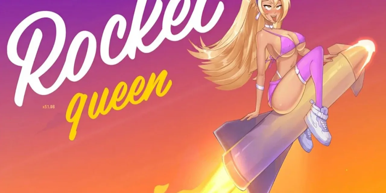 Pantalla de Rocket Queen con el logo del juego y el cohete, antes de fijar el tamaño de la apuesta.