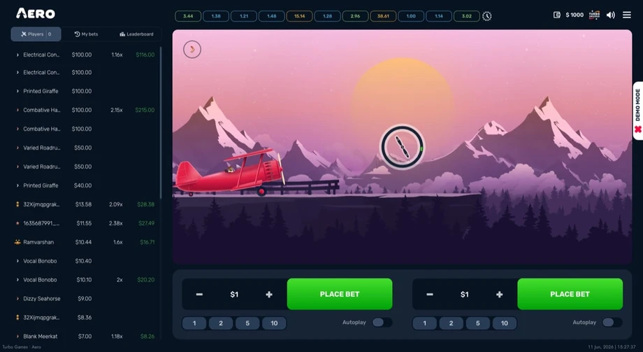 Captura de juego de Aero, juego crash de Turbo Games disponible en 1win