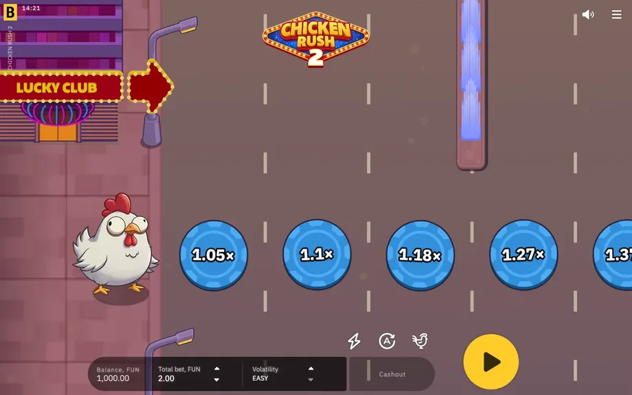 Captura de juego de Chicken Rush 2, juego crash de BGaming disponible en 1win