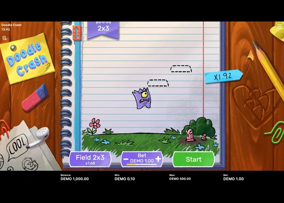 Captura de juego de Doodle Crash, juego tower de Barbara Bang disponible en 1win