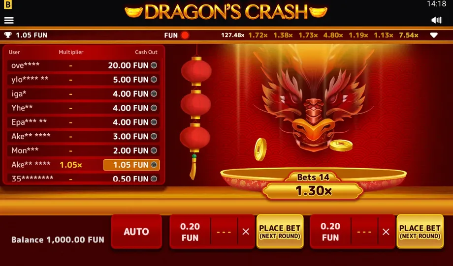 Captura de juego de Dragon's Crash, juego crash de BGaming disponible en 1win