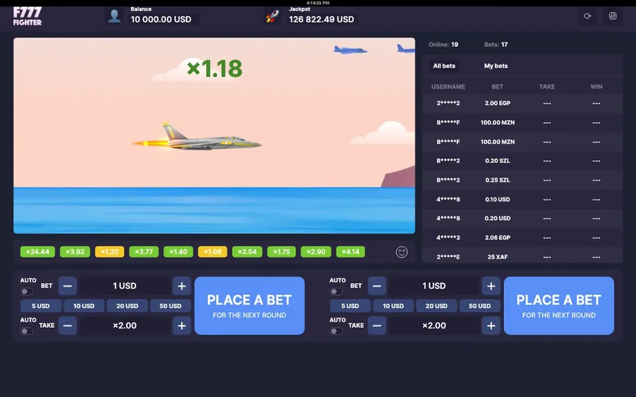 Captura de juego de F777 Fighter, juego crash de Onlyplay disponible en 1win