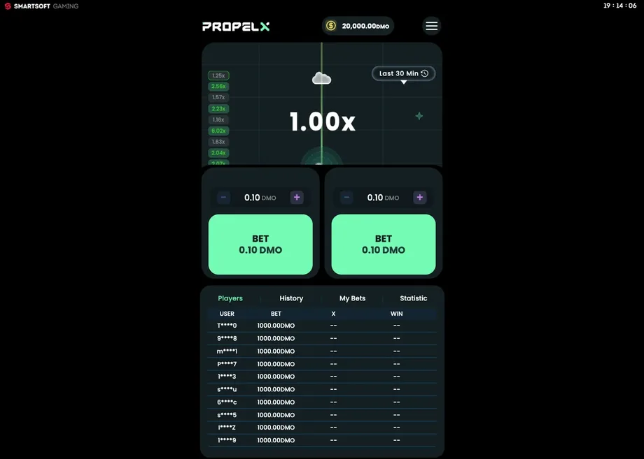 Captura de juego de Propel X, juego crash de SmartSoft disponible en 1win