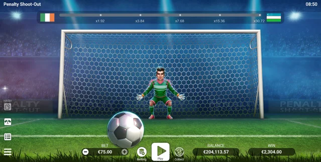 el arquero de Penalty Shoot-Out cubriendo el arco con la escalera de multiplicadores x1,92 a x30,72 arriba y el balón listo para patear