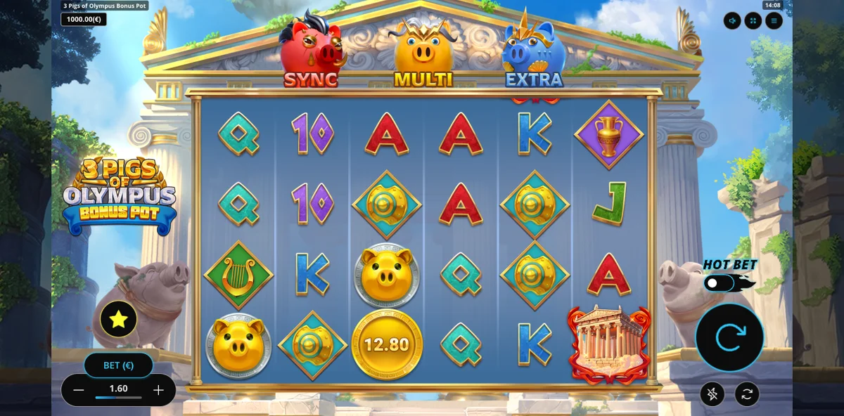 Carretes de 3 Pigs of Olympus Bonus Pot con etiquetas SYNC, MULTI, EXTRA y modo HOT BET