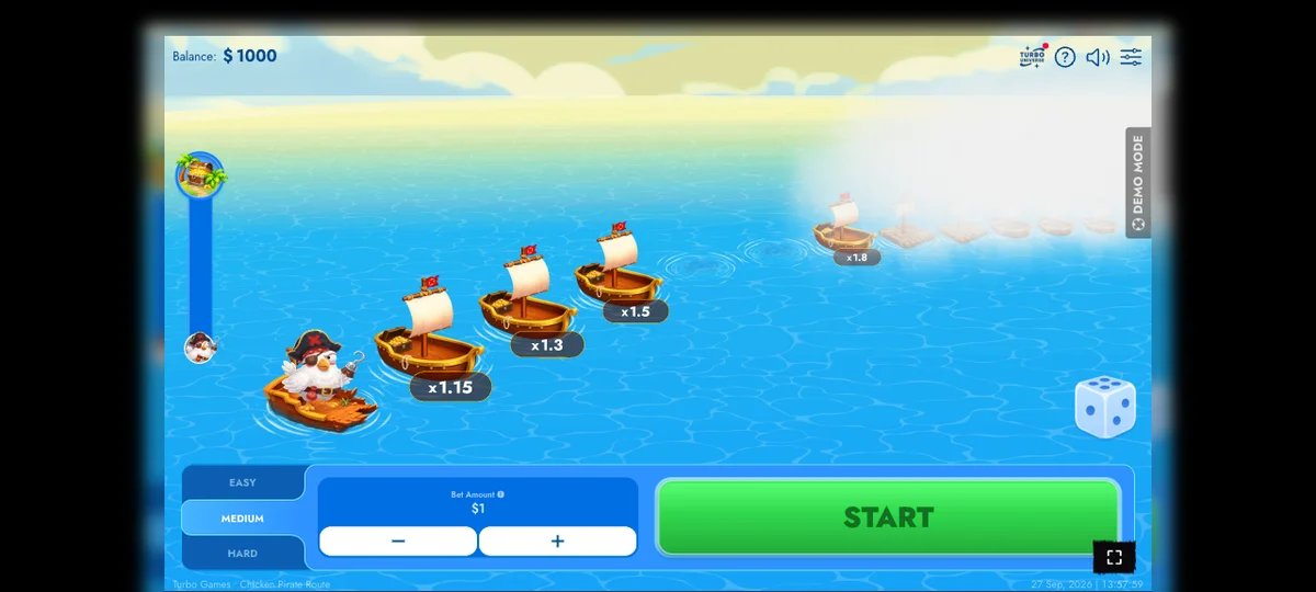 Gallina avanzando por el recorrido de Chicken Pirate Route con panel de apuesta