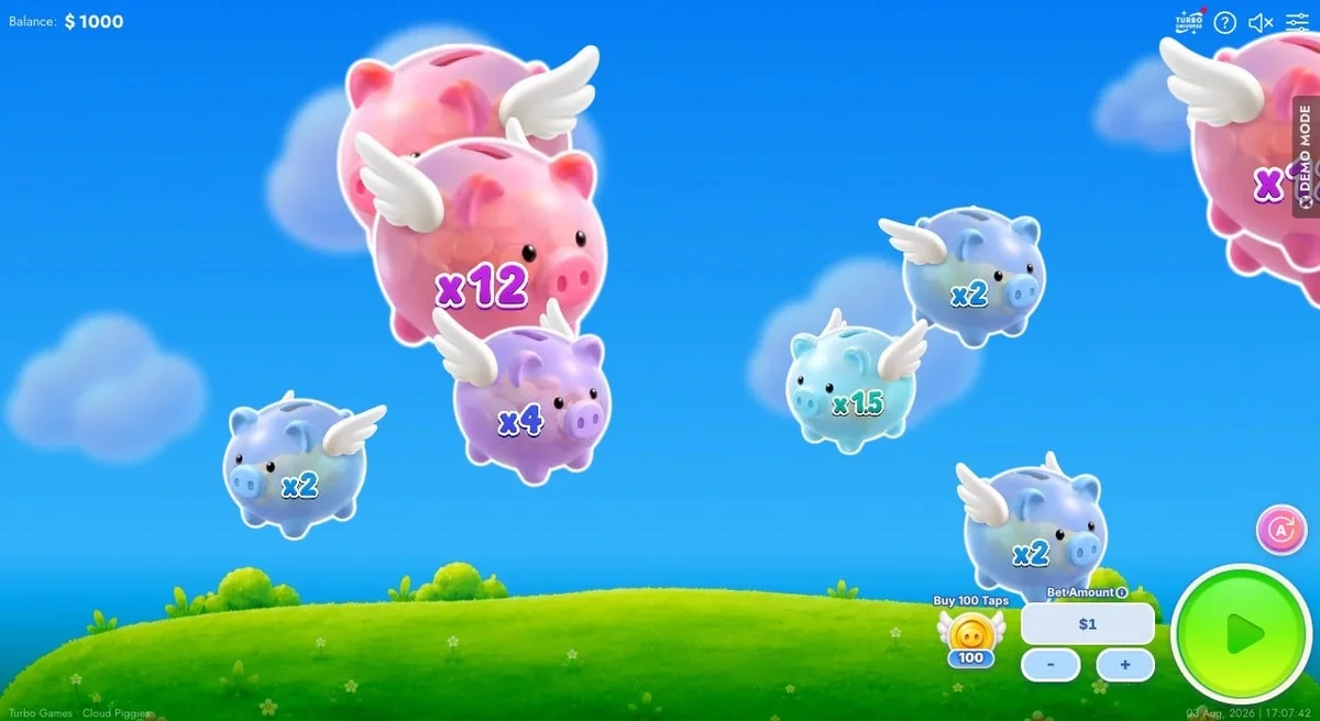 el porquinho y el multiplicador de la ronda en Cloud Piggies, con el panel de apuesta y el botón Buy 100 taps visibles