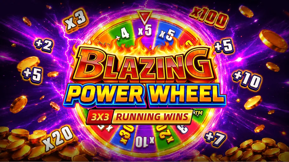 Banner de Blazing Power Wheel RUNNING WINS, tragamonedas de Fugaso disponible en 1win