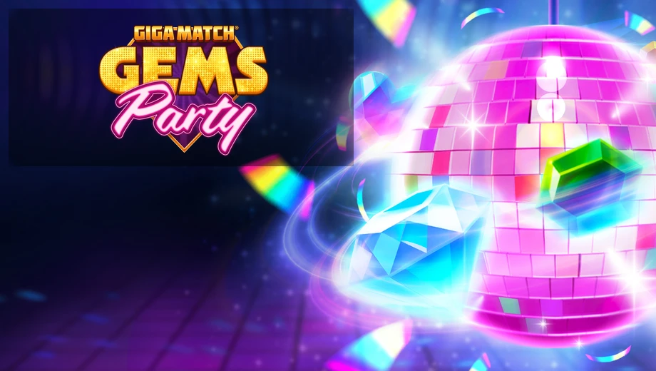 Banner de Giga Match Gems Party, tragamonedas de RubyPlay disponible en 1win