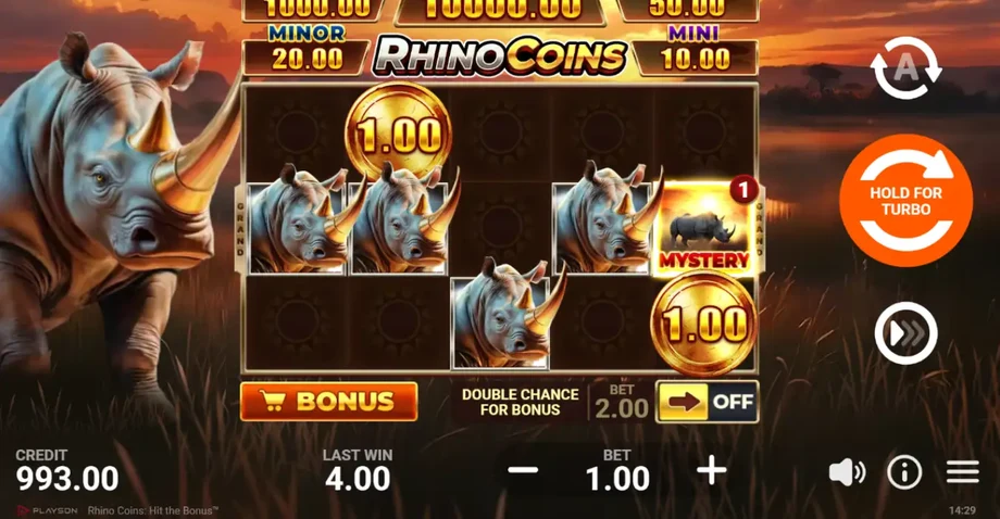 Captura del juego Rhino Coins: Hit the Bonus, tragamonedas de Playson disponible en 1win