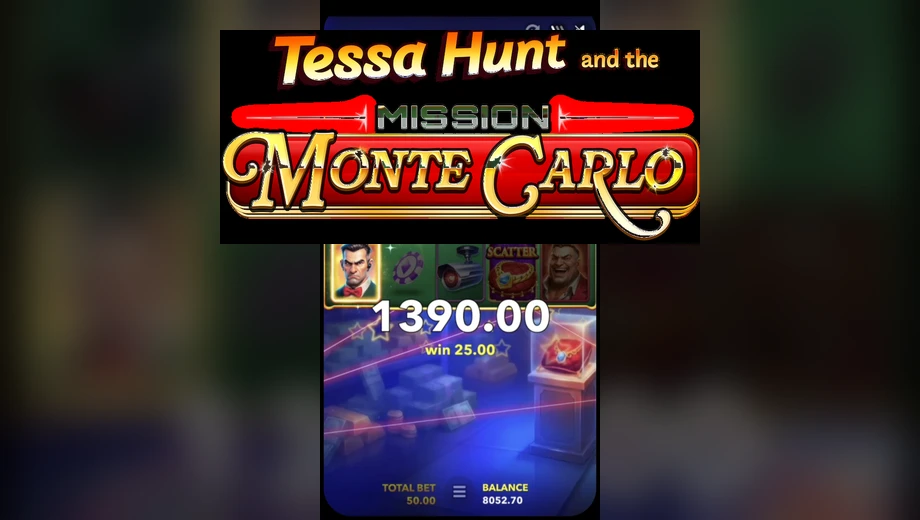 Banner de Tessa Hunt and the Mission Monte Carlo, tragamonedas de Mascot Gaming disponible en 1win